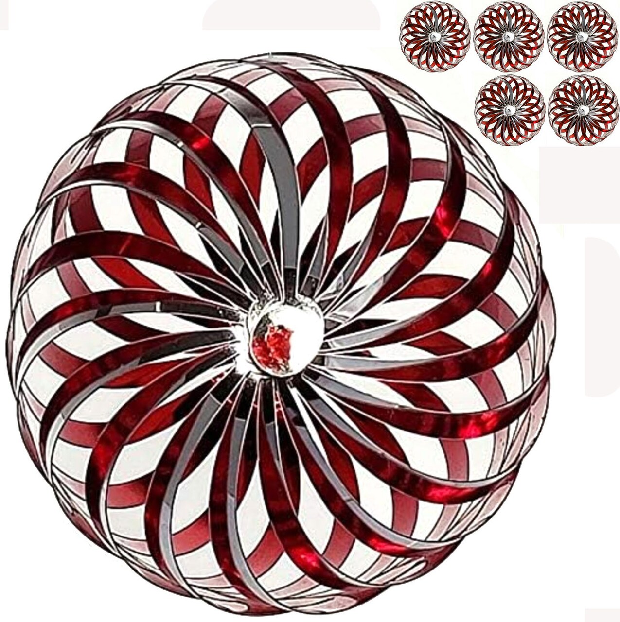 Red Swirl Pop-up Christmas Ball Ornaments 5 ct. 3"; COLLAPSIBLE Xmas Tree Reversible Plastic Ornaments; Shatterproof